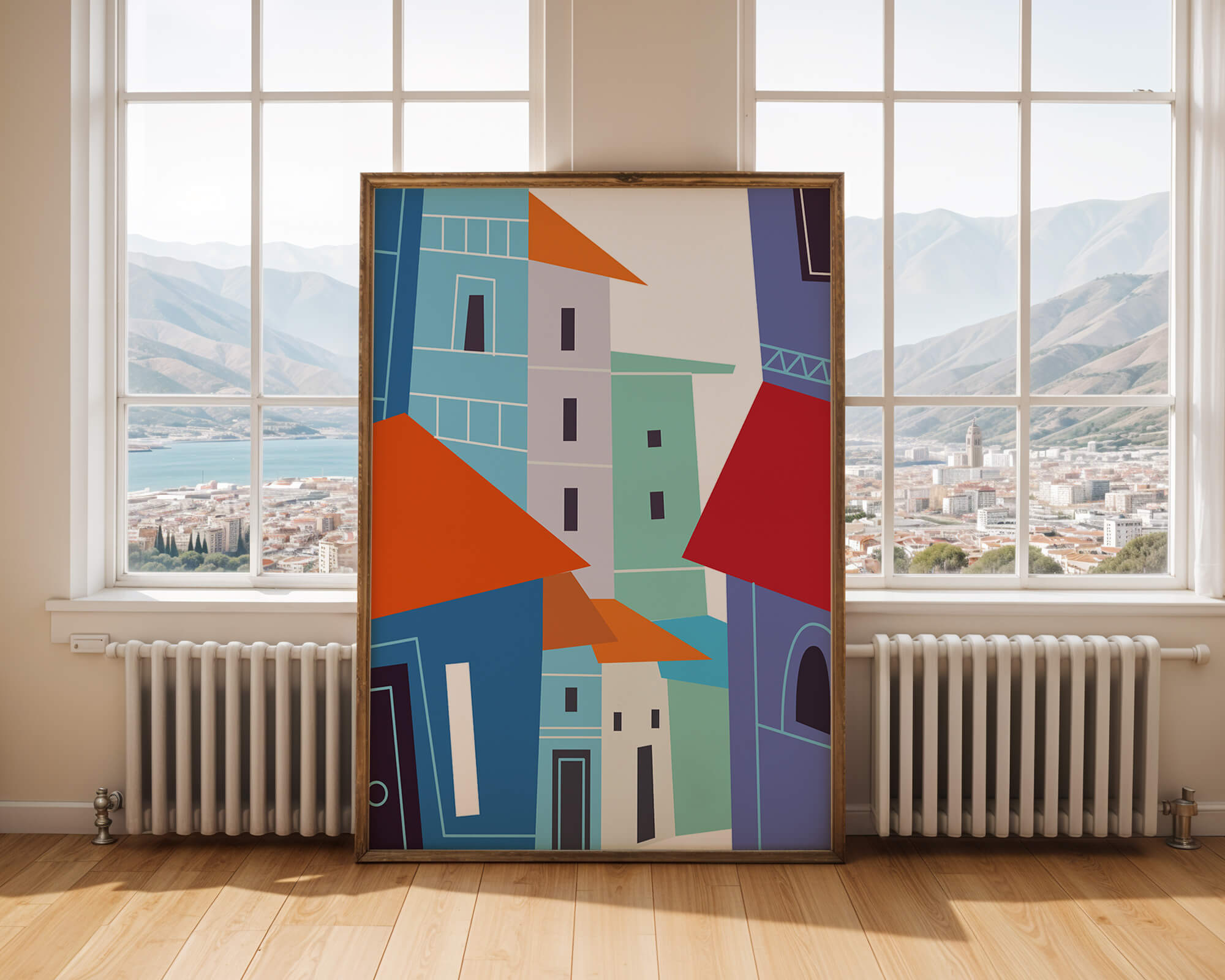 Colorful abstract cityscape with geometric buildings