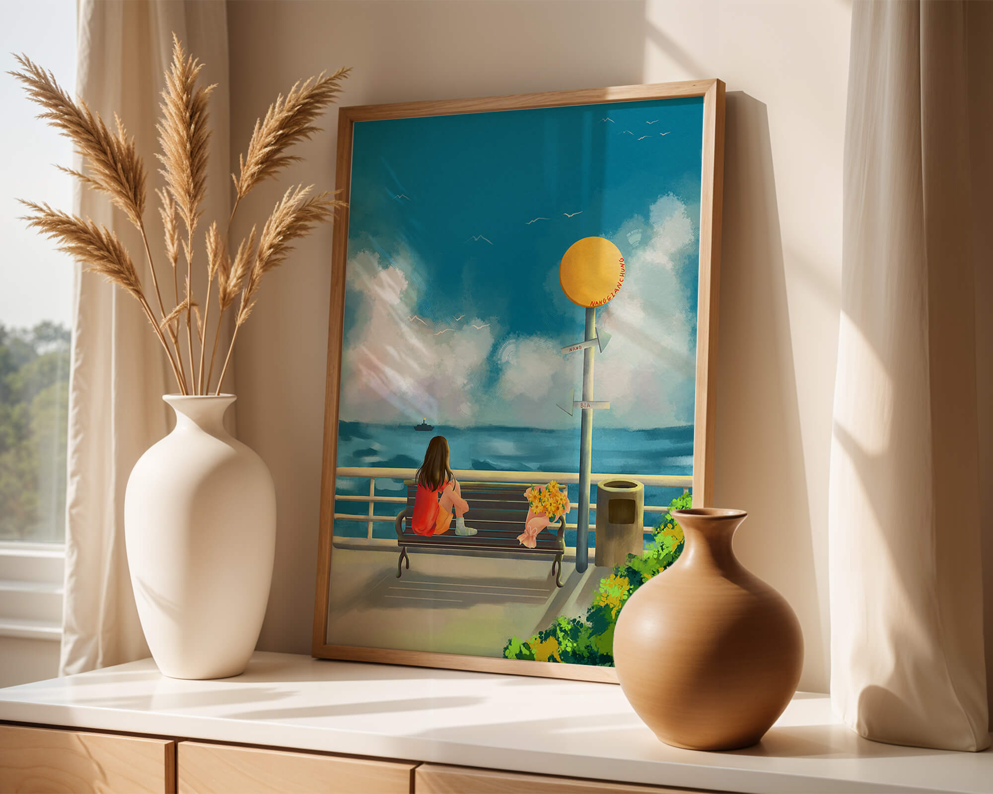 Serene waterfront scene with woman on bench facing the sea