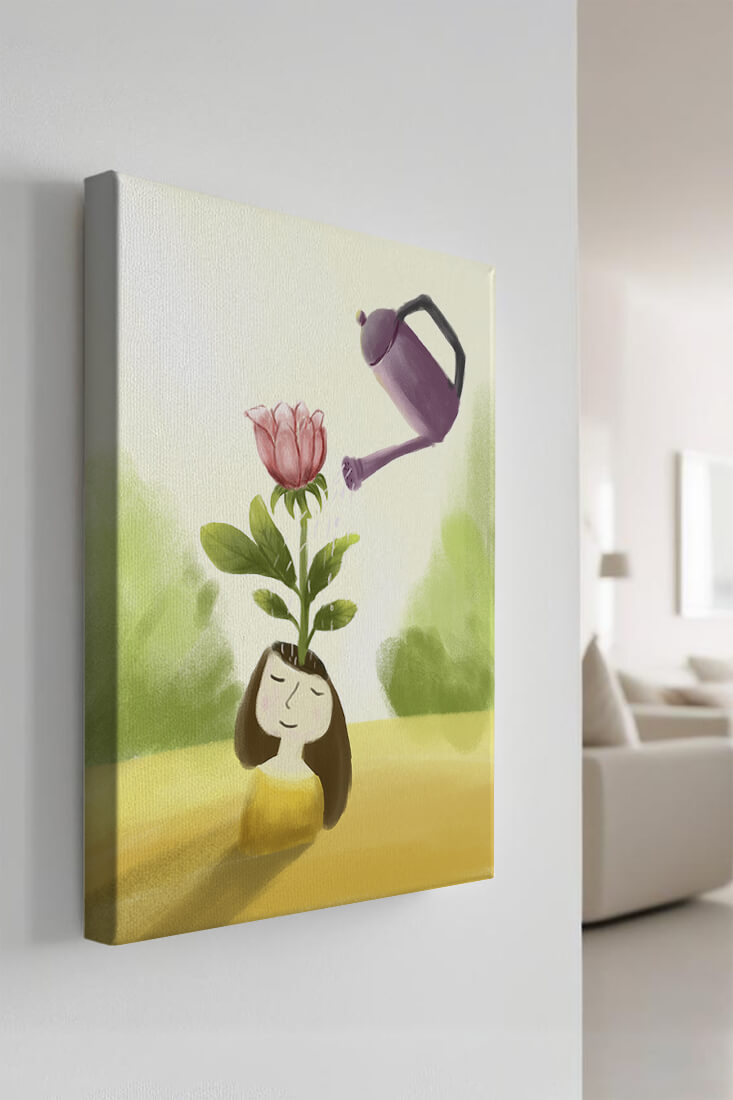 Illustration of a girl with a flower growing from her head being watered