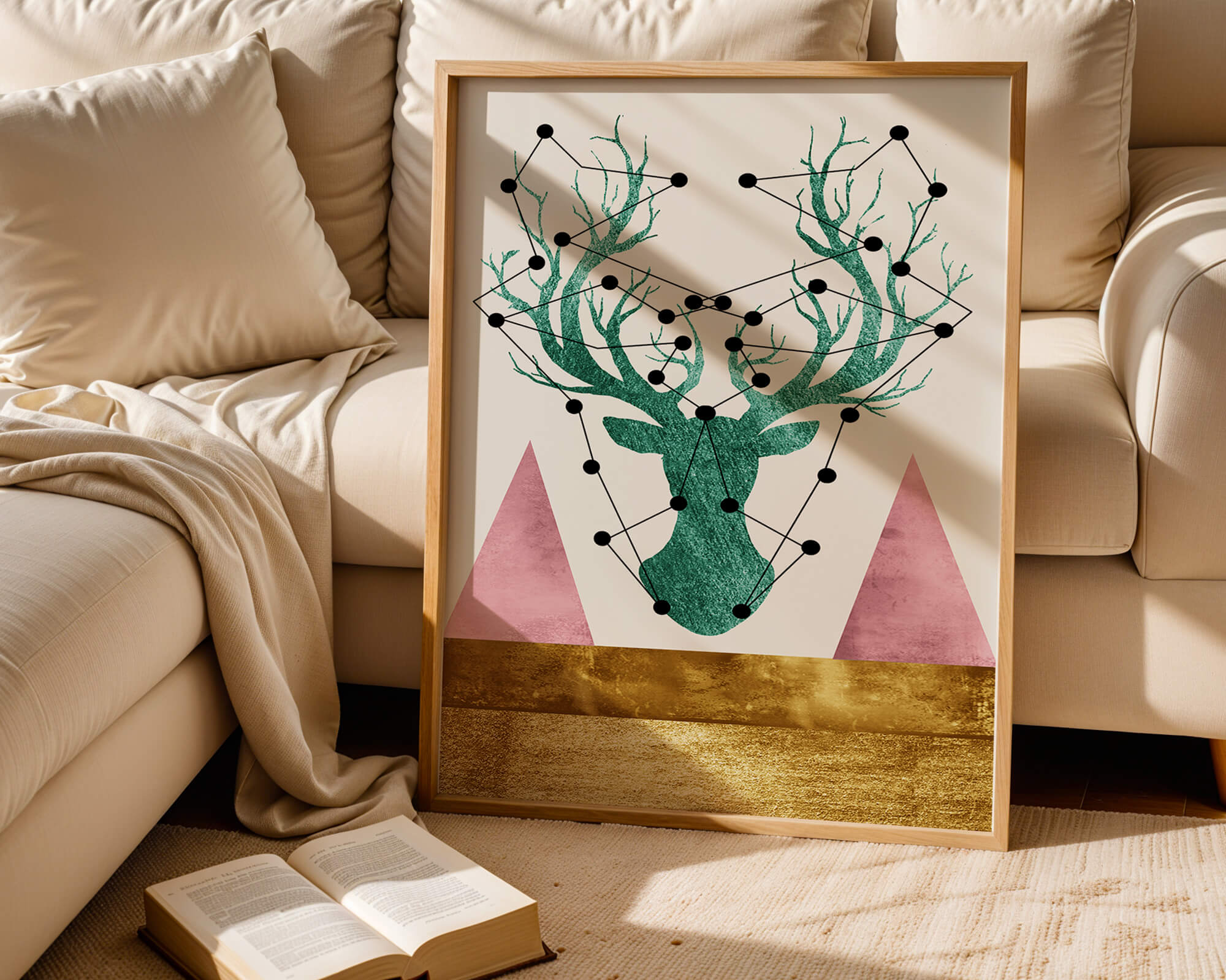 Geometric Deer with Abstract Elements and Gold Accents
