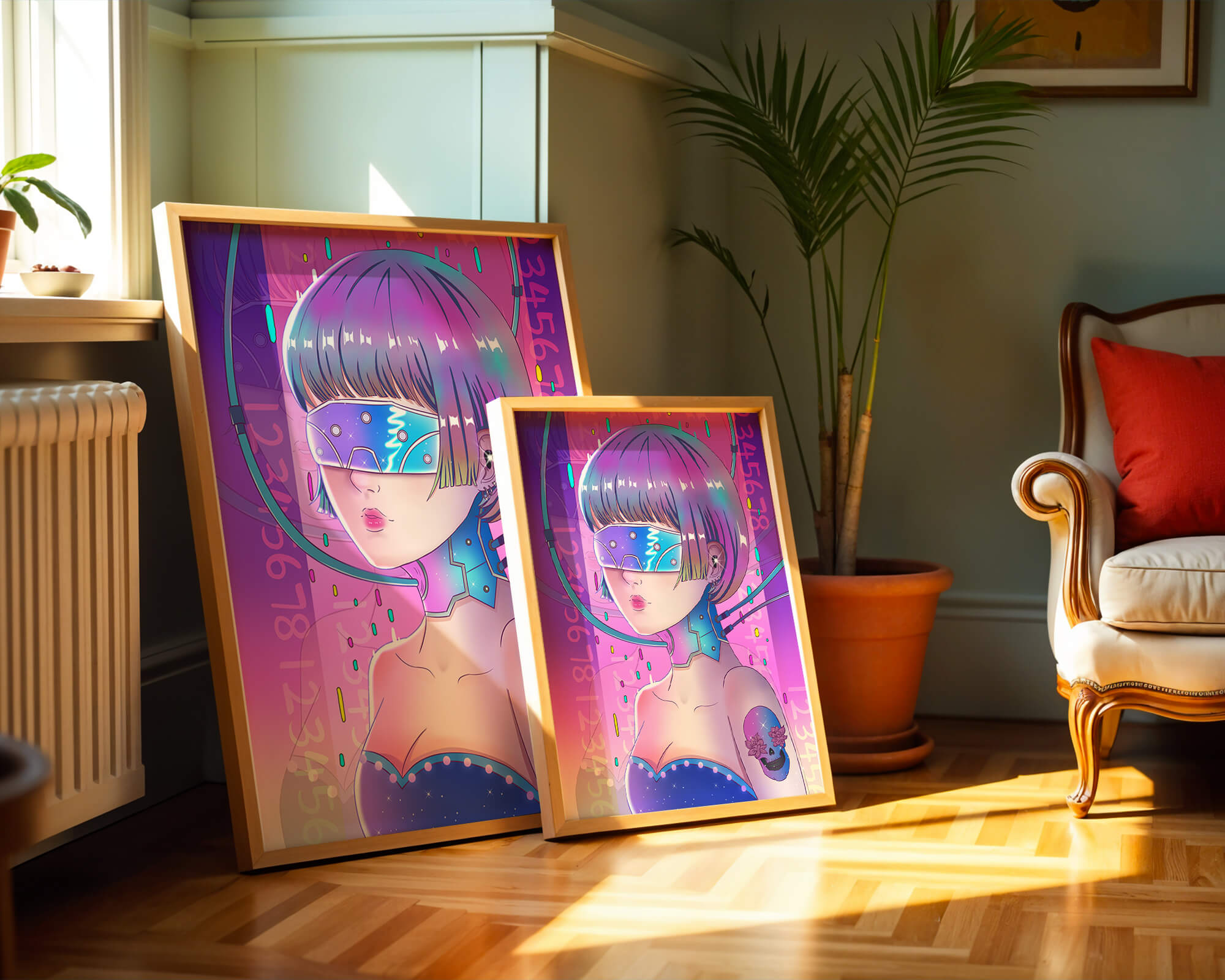 Futuristic Cyberpunk Girl with Neon Colors and Virtual Reality Elements