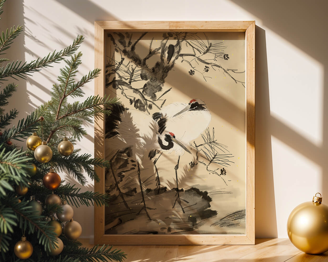 Traditional Japanese Painting of Cranes with Pine Tree and Gold Details
