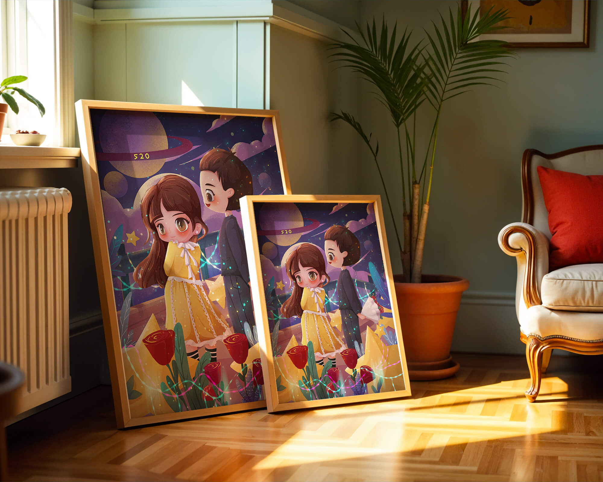 Romantic couple illustration with stars and roses in a magical night setting