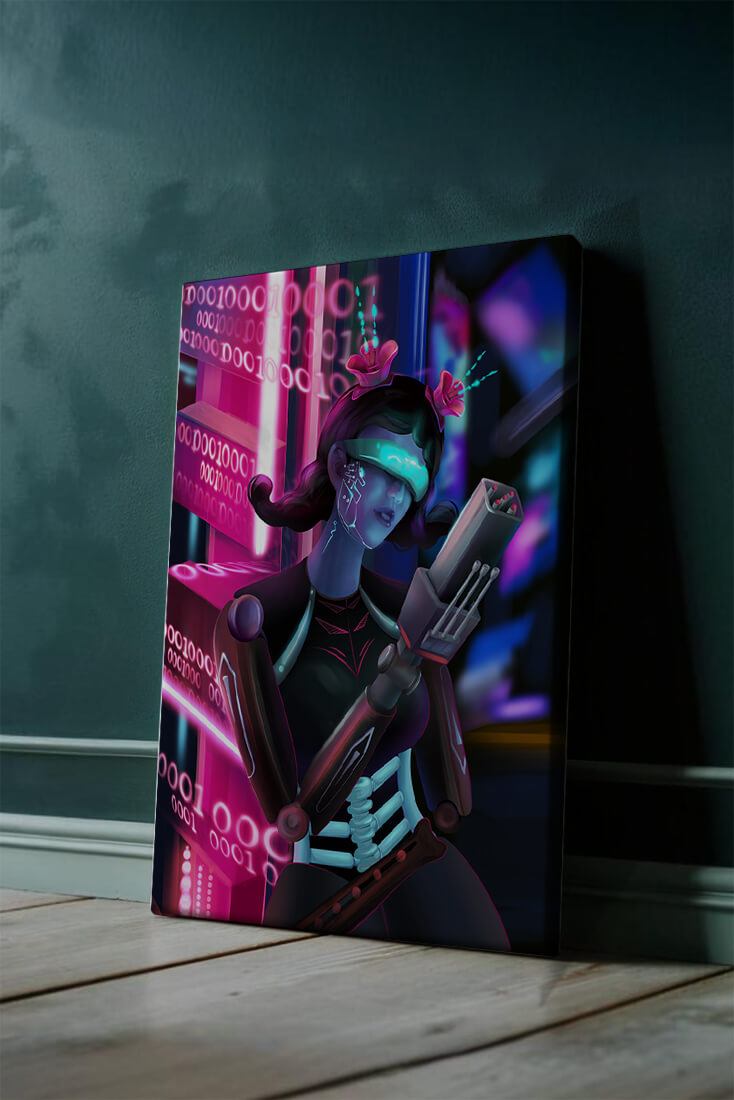 Futuristic Cyborg Woman in Digital Neon Landscape - Mi tienda