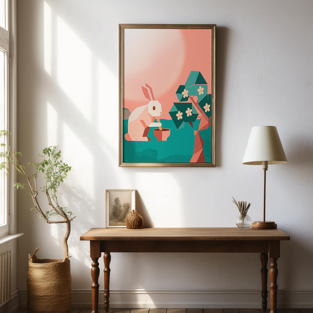 Conejo de origami abstracto con mortero y pistilo bajo un árbol en flor