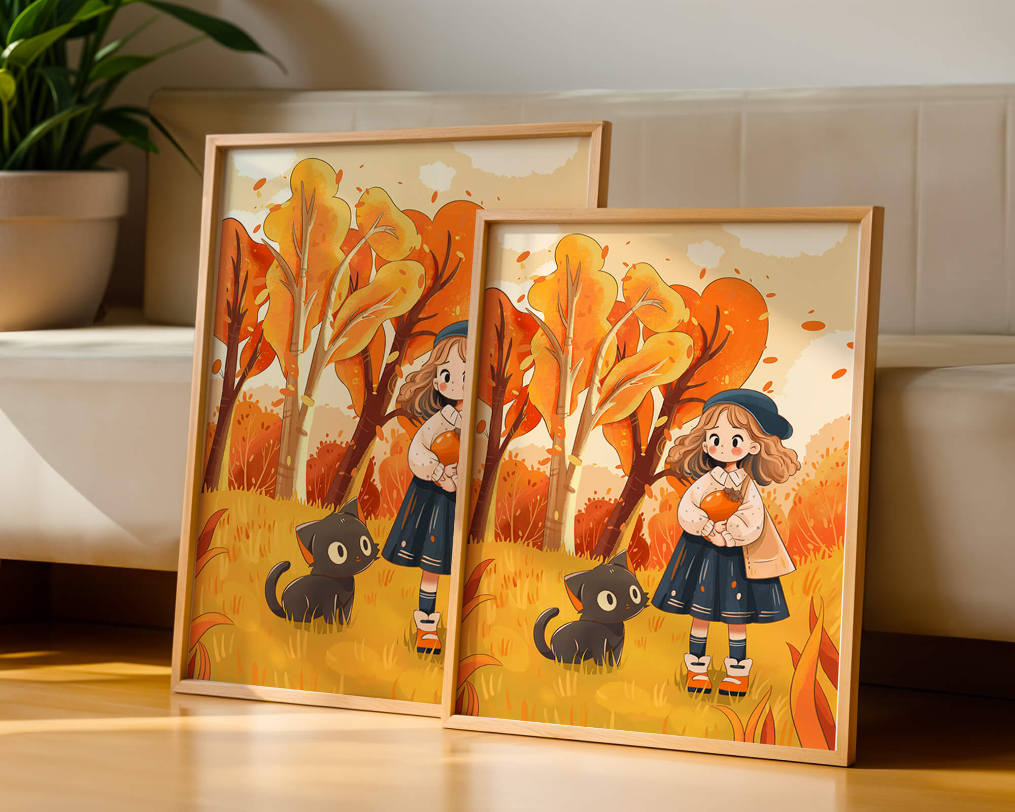 Girl with Cute Cat in Autumn Forest with Colorful Leaves