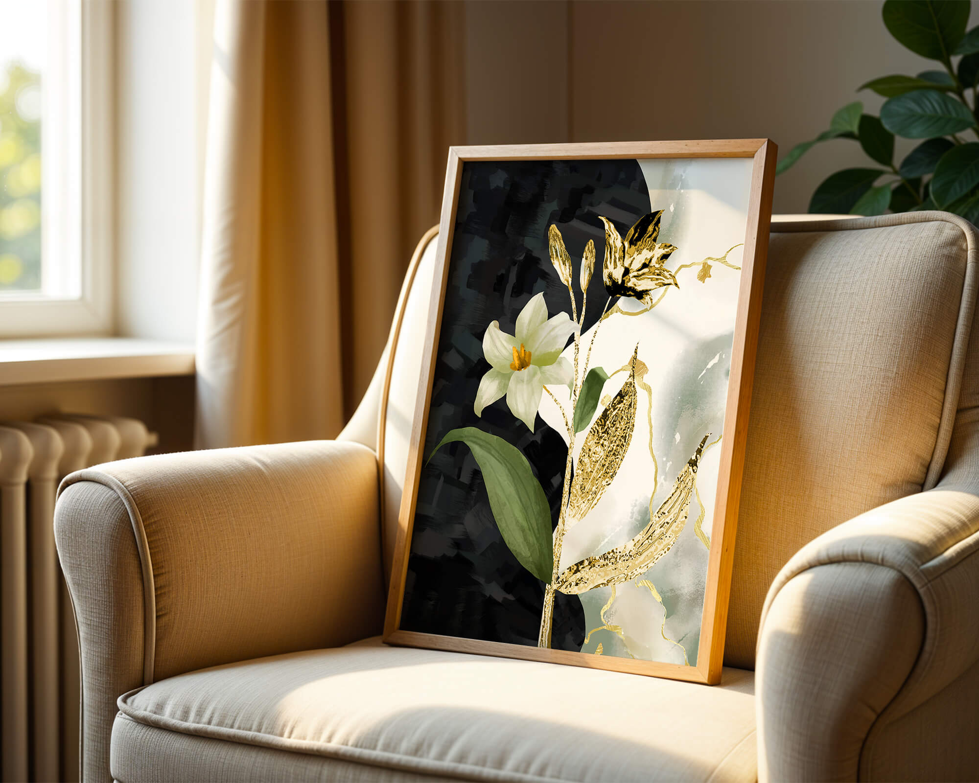 Diseño floral abstracto con acentos dorados y oscuros