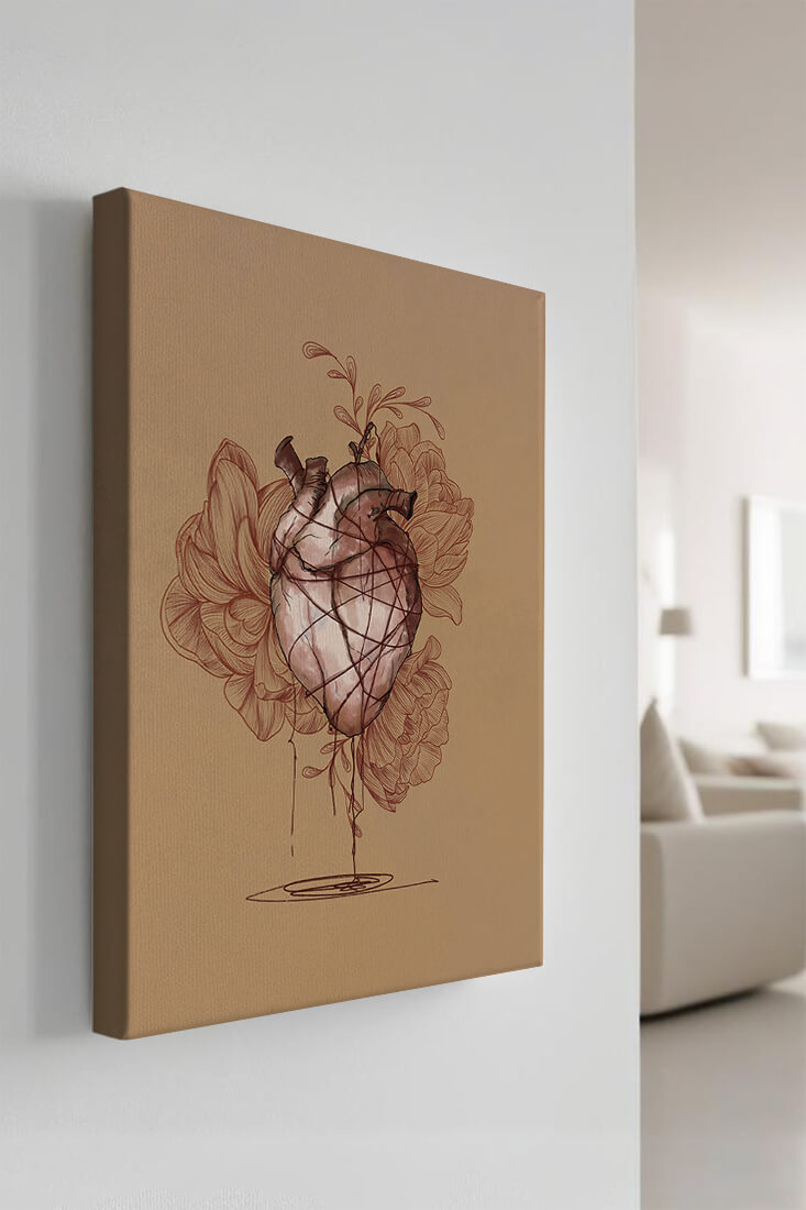 Detailed illustration of an anatomical heart with floral elements on a beige background