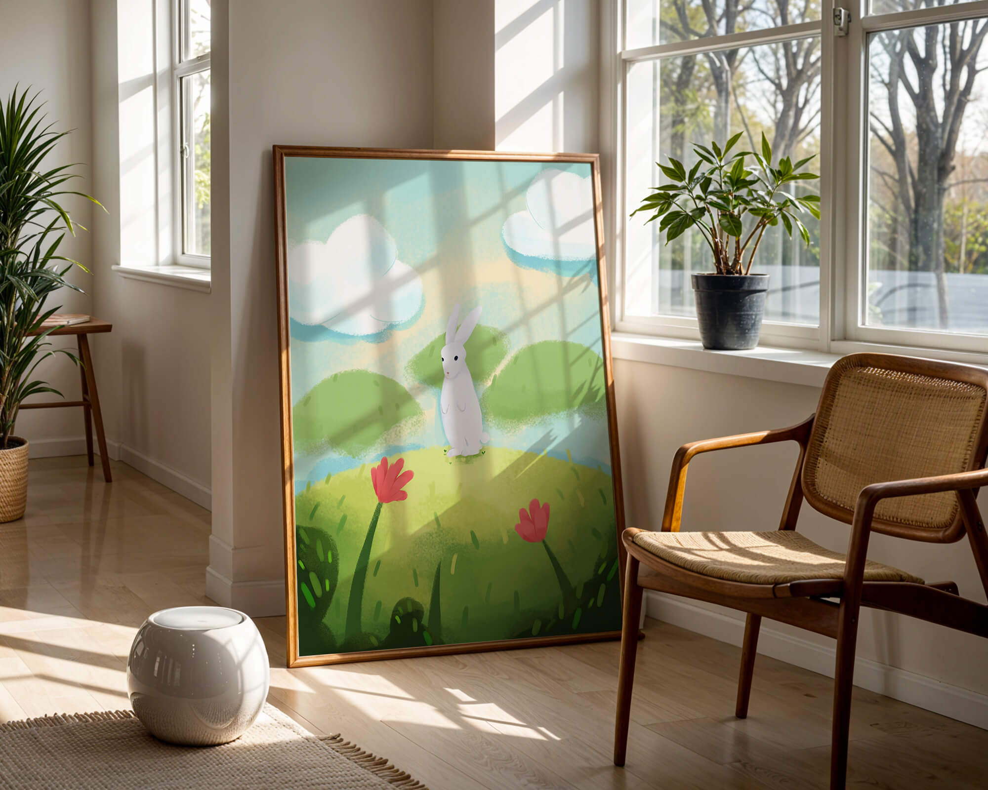 Whimsical landscape with rabbit and colorful flowers