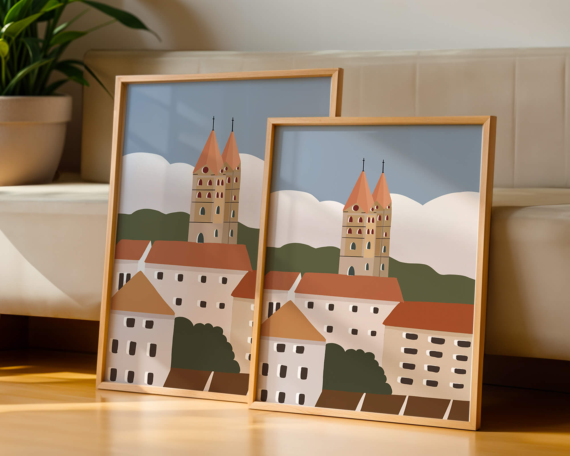 Charming European Cityscape with Church Towers and Colorful Buildings