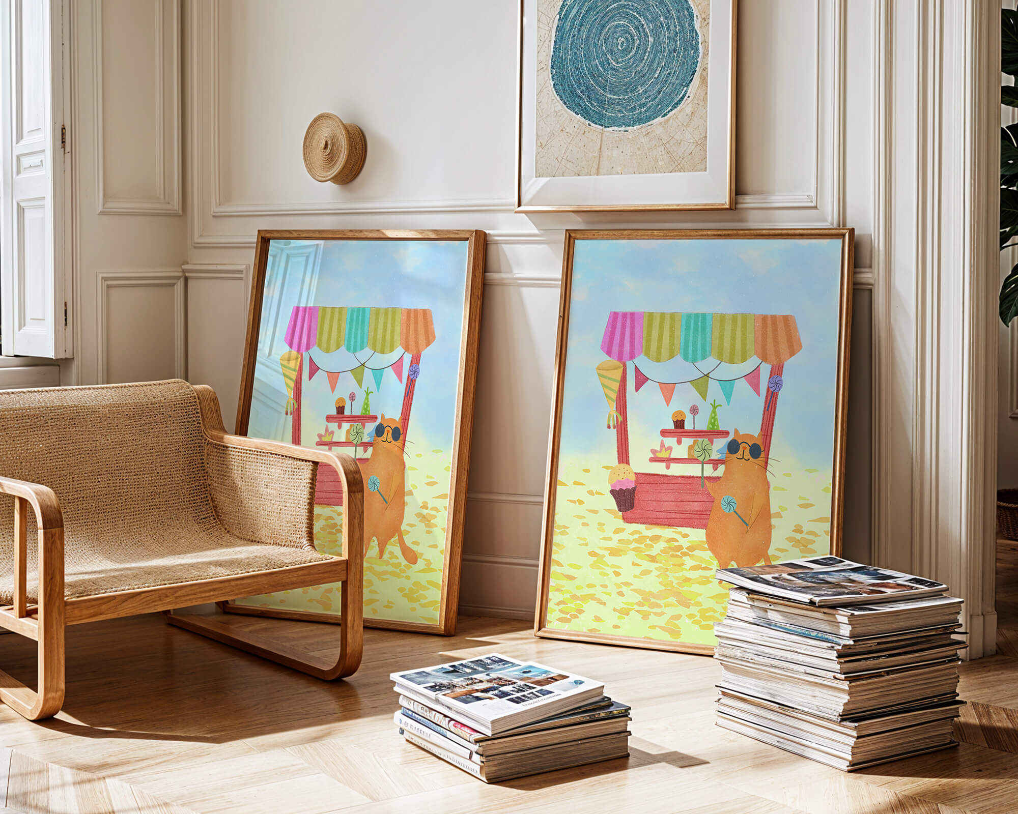 Illustrated Cat with Sunglasses at a Colorful Candy Stand