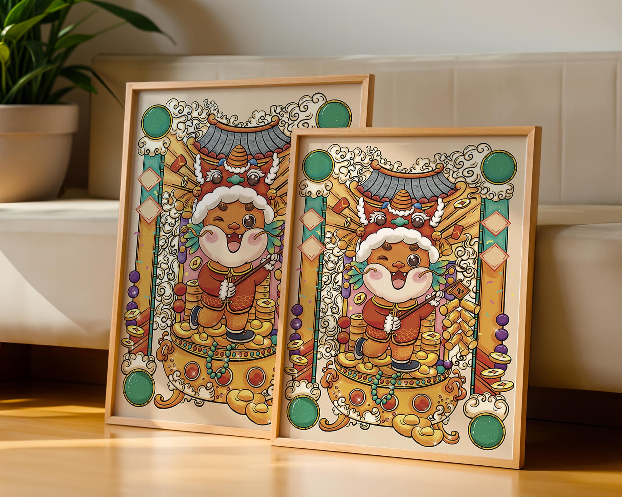 Ilustración colorida de un animal lindo en atuendo festivo tradicional con elementos dorados