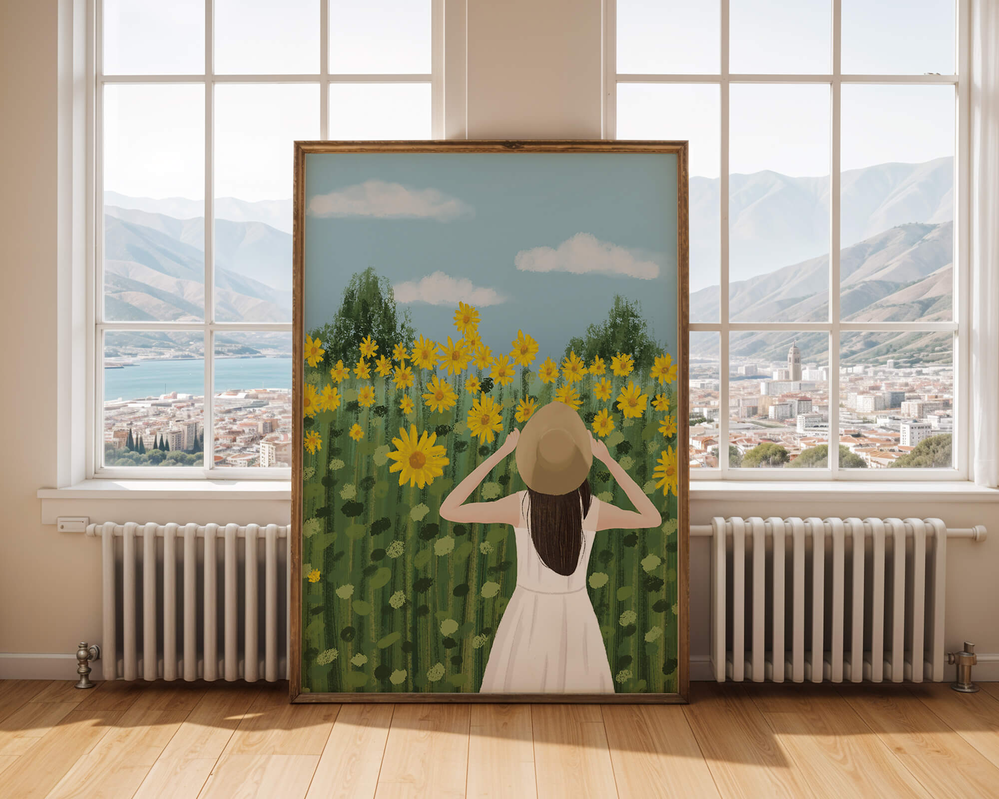 Mujer con vestido blanco admirando un campo de girasoles