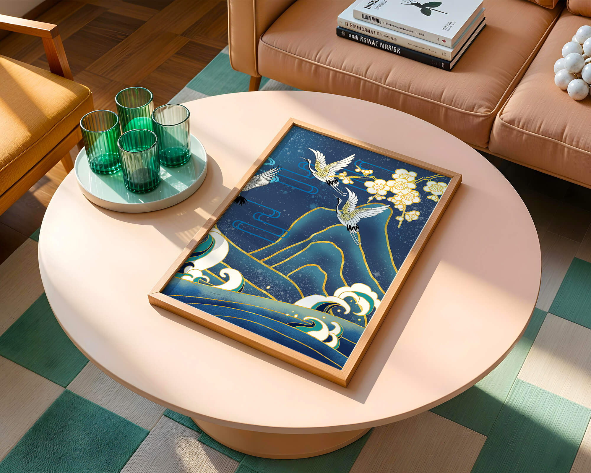 Elegant Cranes in Flight over Ocean Waves with Golden Accents and Blossoms