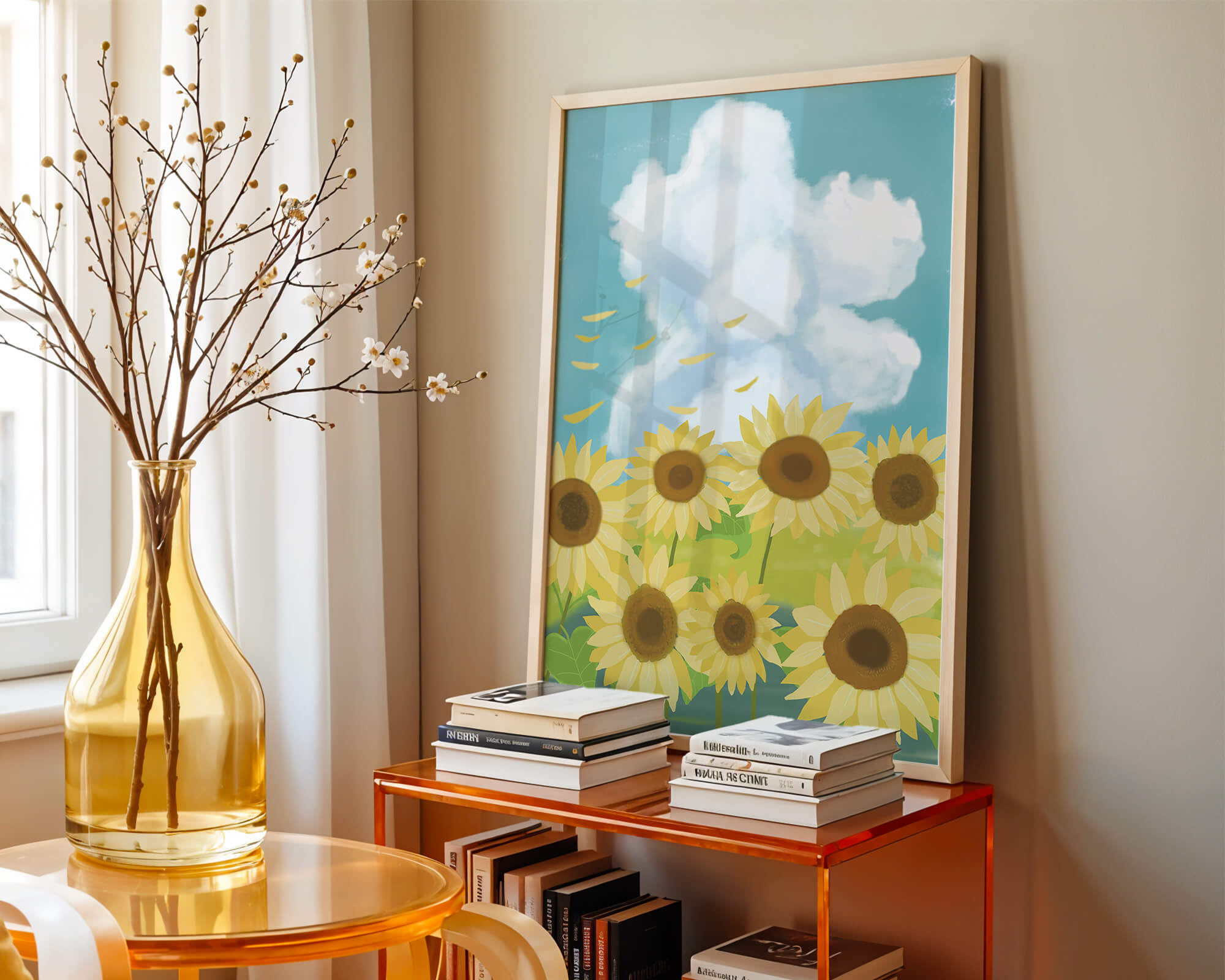 Girasoles en un prado brillante con cielo azul y nubes