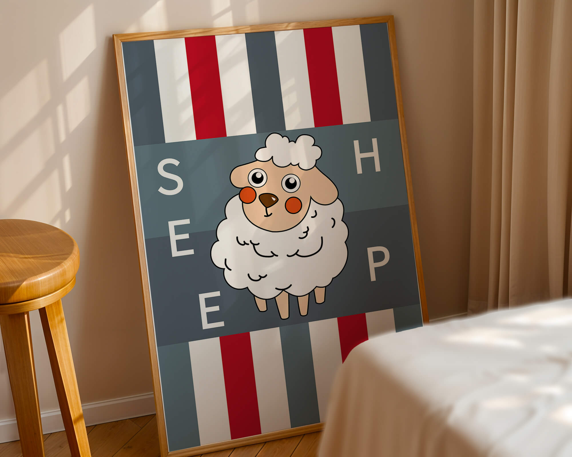 Playful sheep illustration on striped background