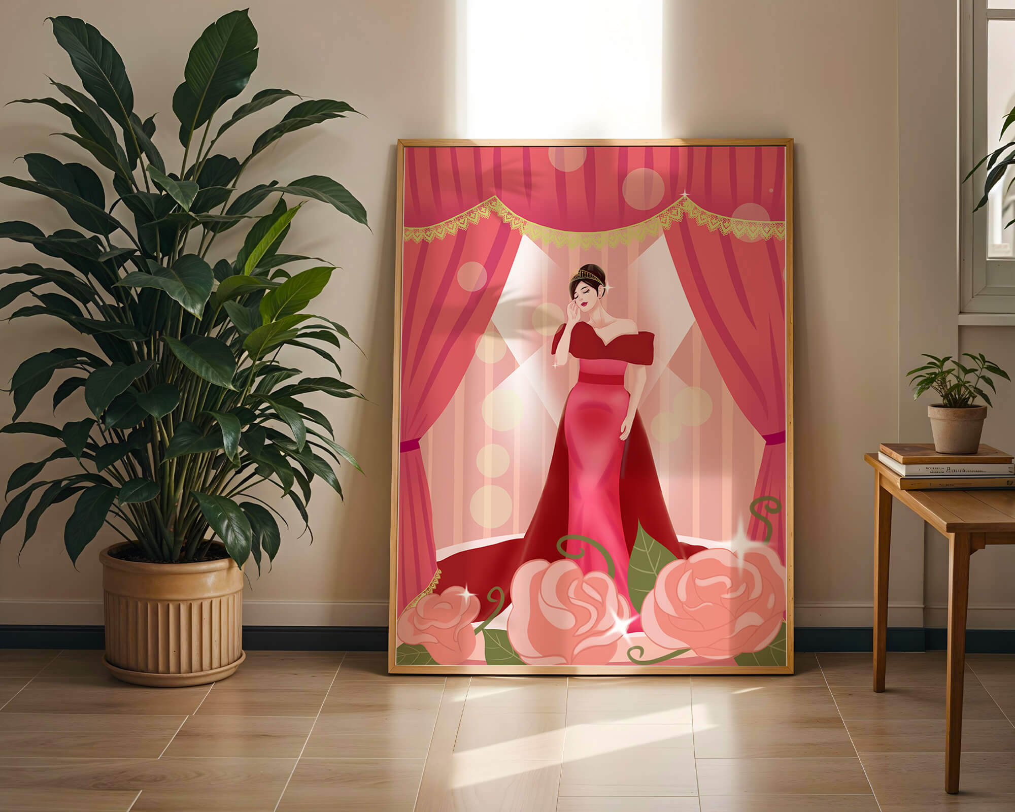 Elegant princess in a red gown on a decorative stage with roses