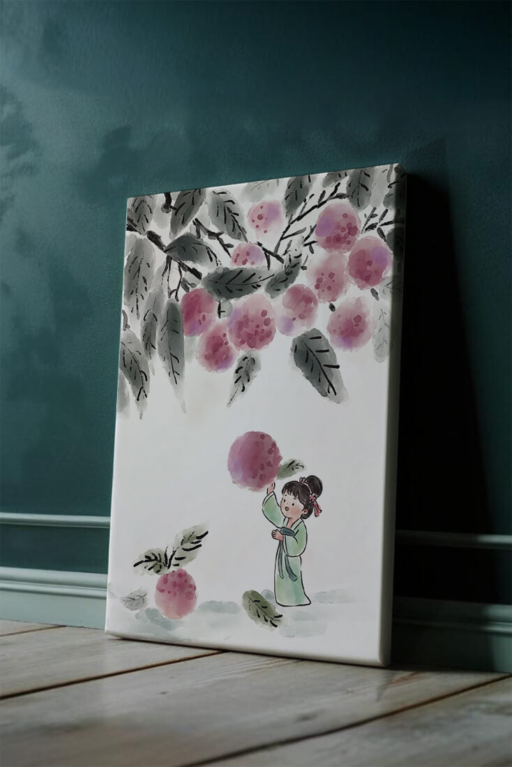 Ilustración encantadora de un niño con ropa tradicional, bayas vibrantes y hojas exuberantes