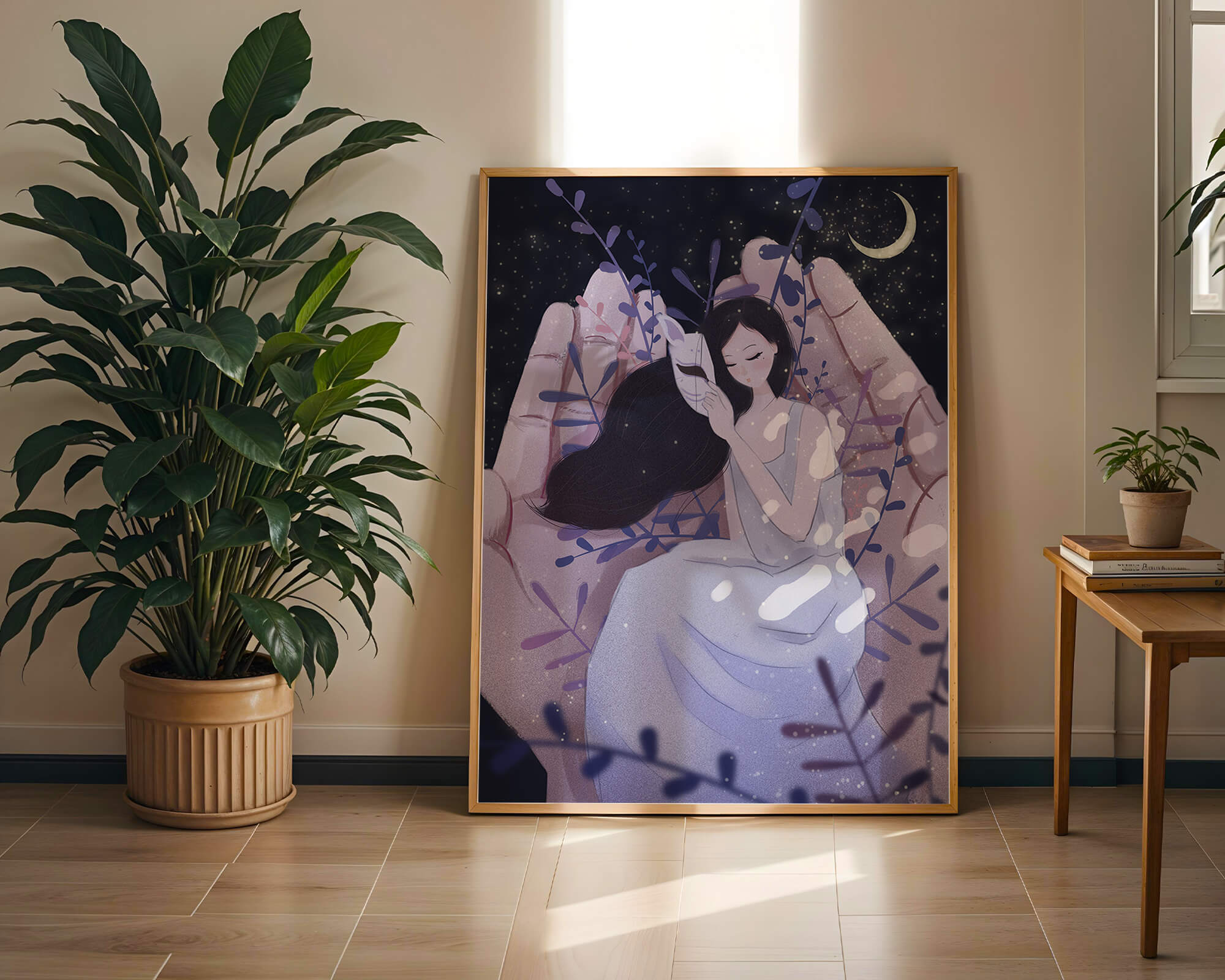 Un momento tierno bajo la luz de la luna con máscara y atmósfera onírica