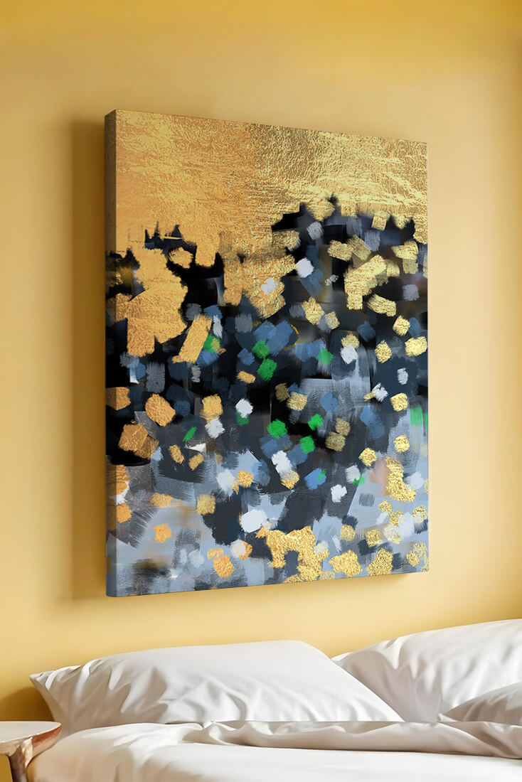 Abstract art with gold and colorful brushstrokes