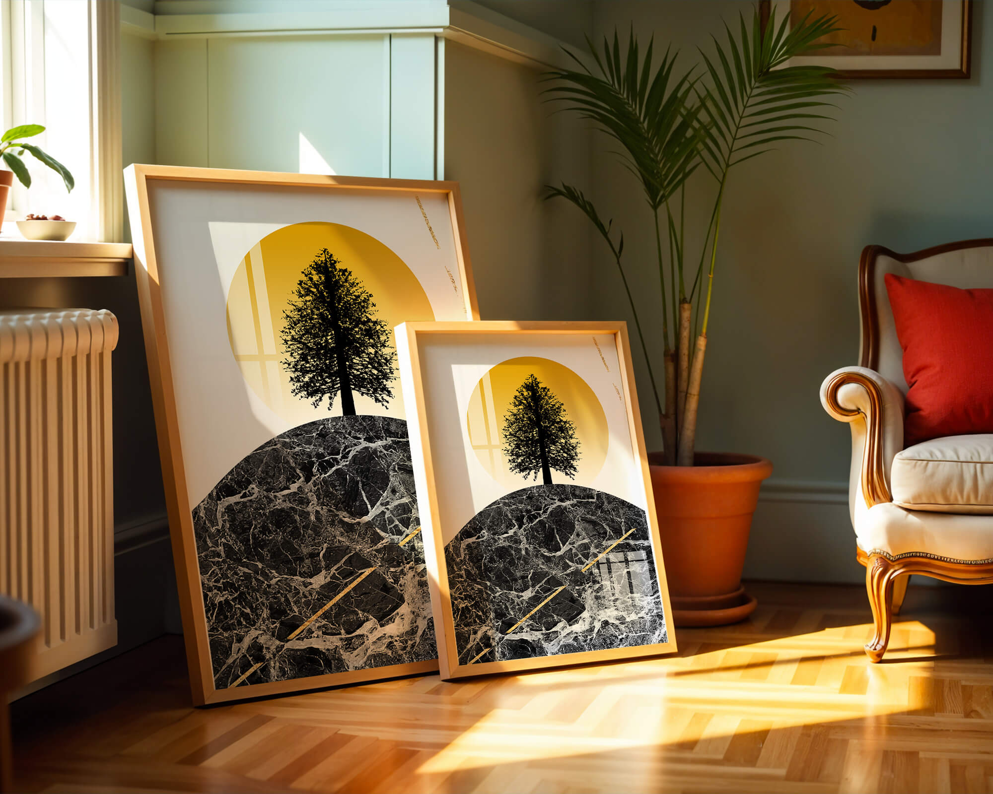 Tree Silhouette on Marble and Golden Sun Artistic Print