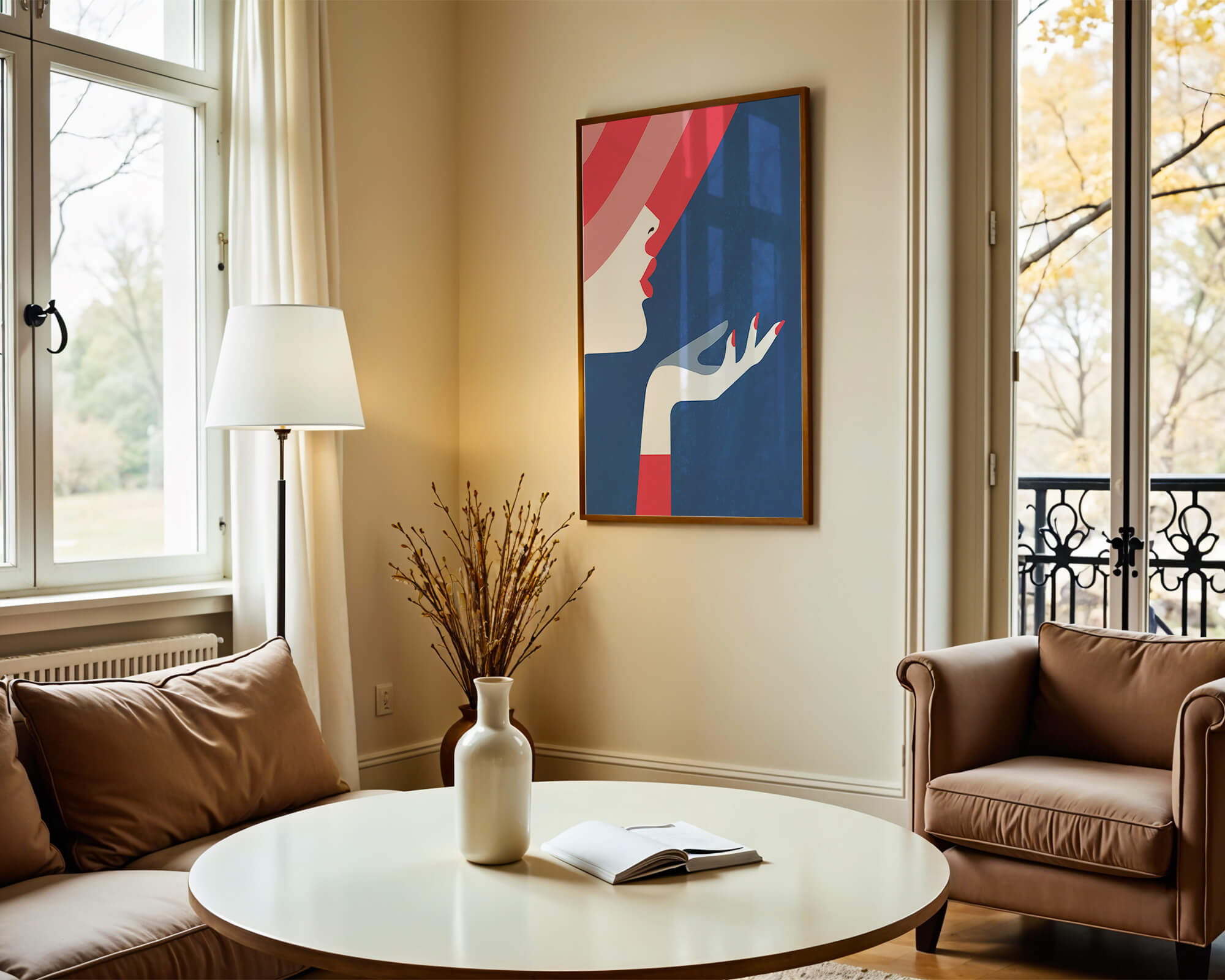 Elegant Woman with Red Hat and Stylized Hand