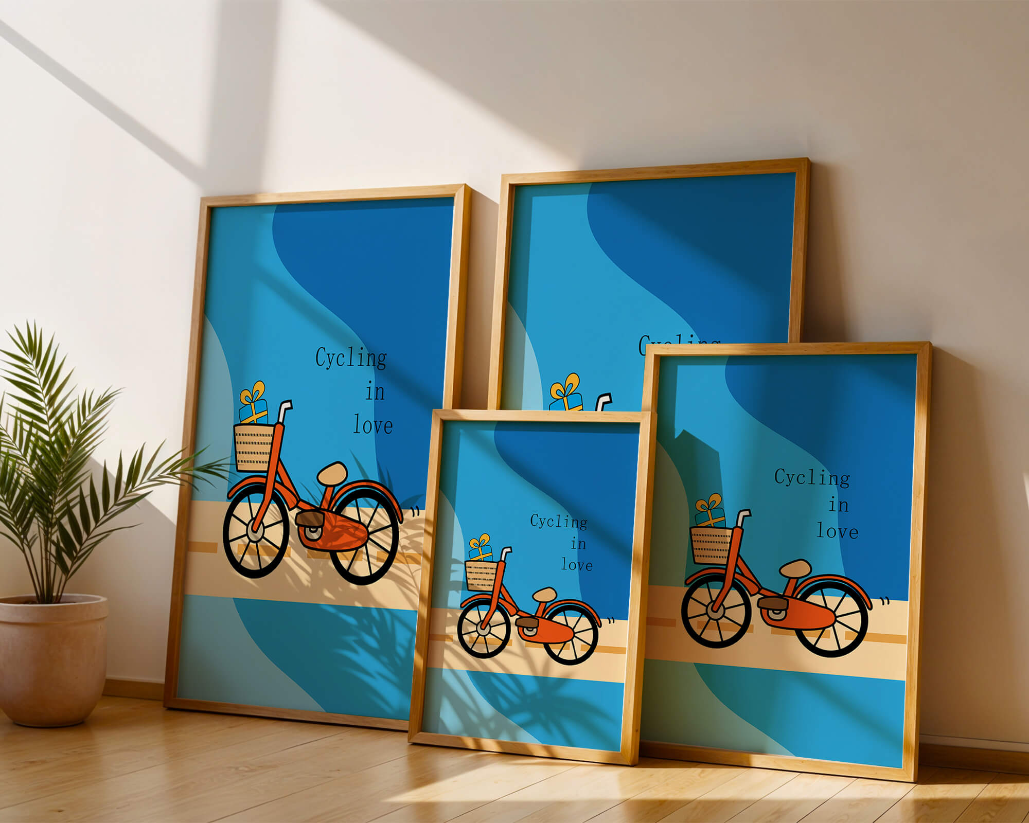 Colorful bicycle with a gift in basket against blue background