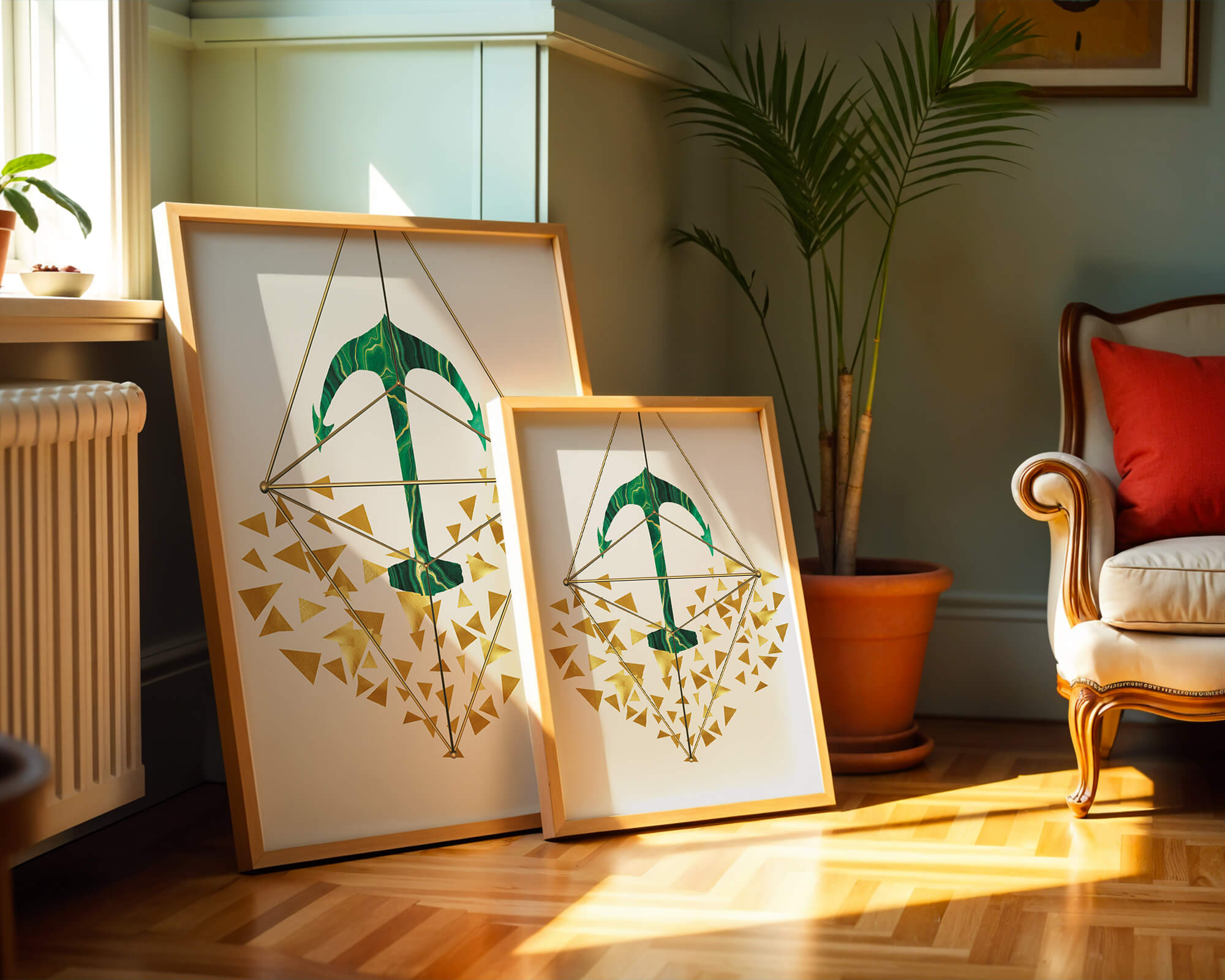 Abstract Geometric Art with Green Stone Texture and Golden Triangles
