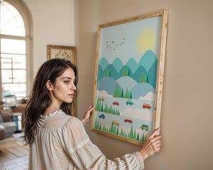 Colorful Landscape with Cars on Mountainous Road and Sunlit Sky - Mi tienda