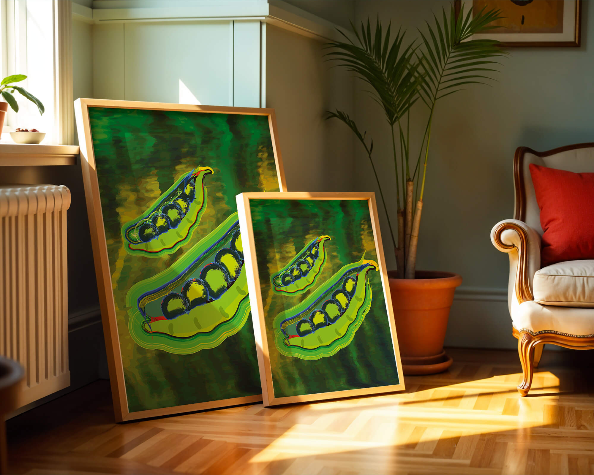 Colorful abstract green peas illustration with vibrant background