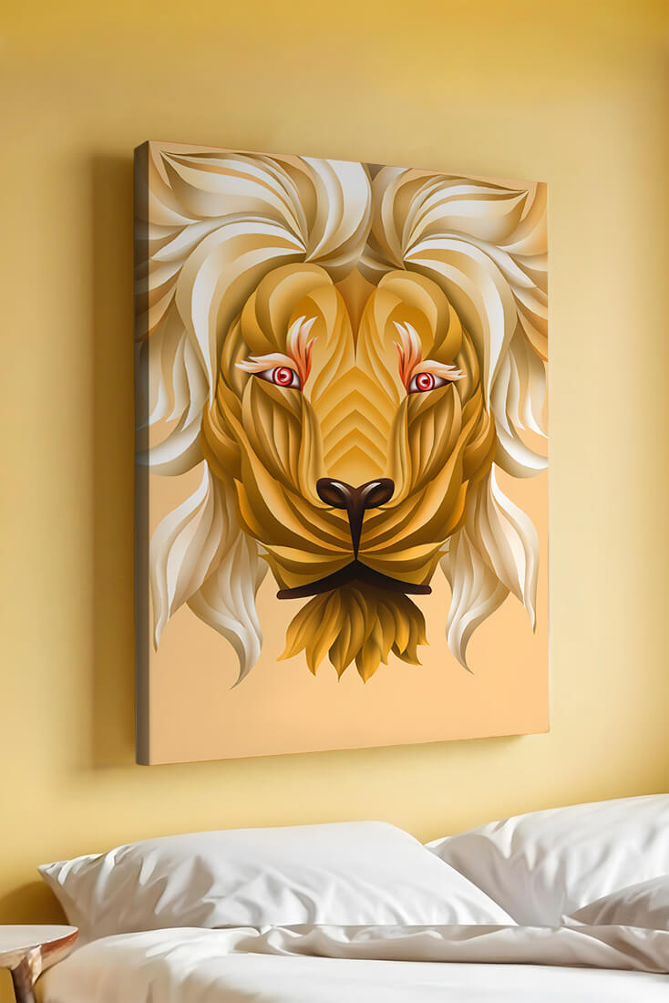 Lion Face with Intricate Golden Pattern and Flowing Mane