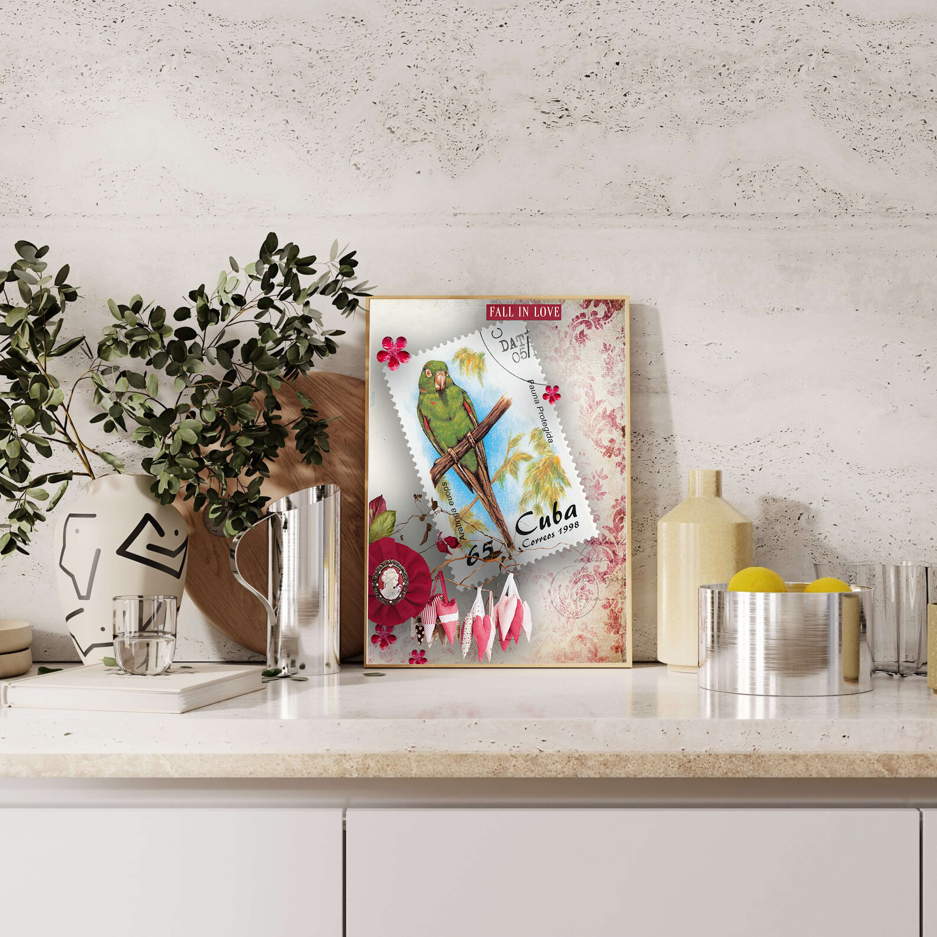 Vintage Cuban parrot stamp with romantic decorations