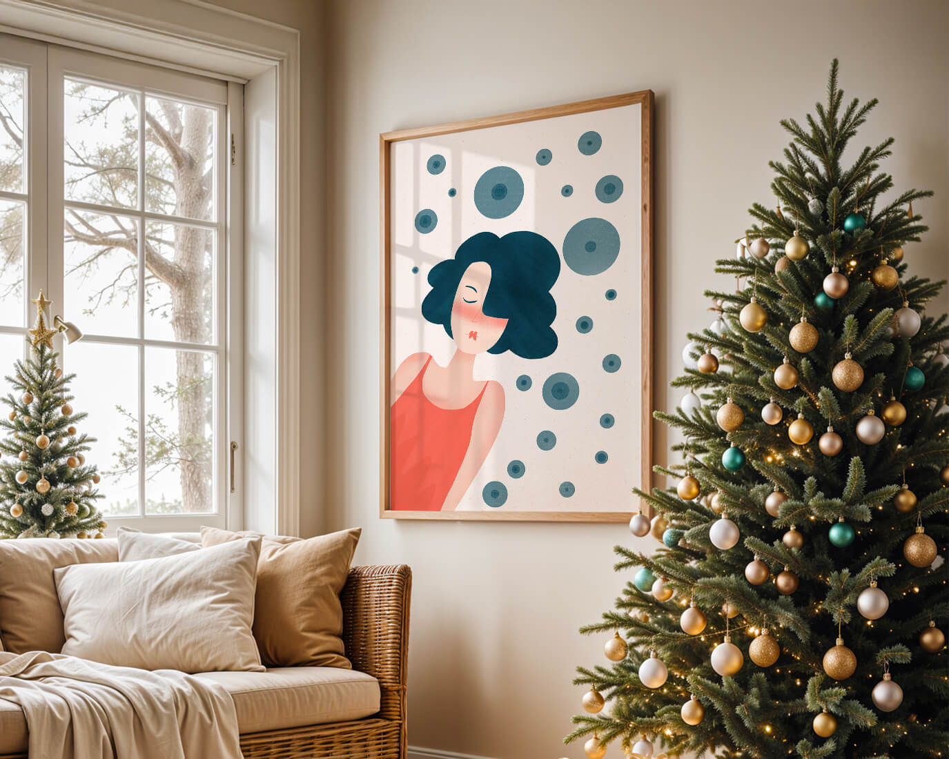 Dreamy Female Portrait with Abstract Circles in Modern Art Style - Mi tienda