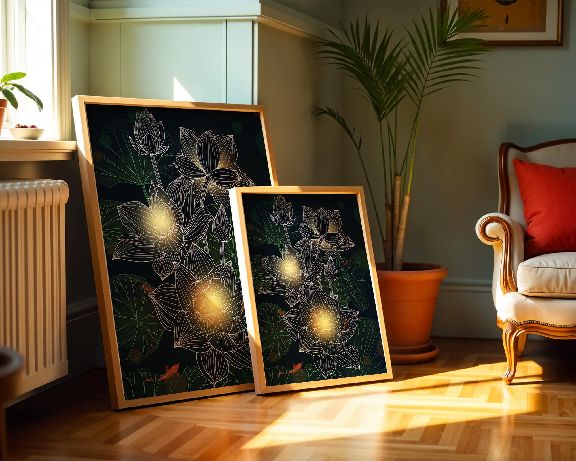 Flores de loto con detalles luminosos y peces koi bajo el agua