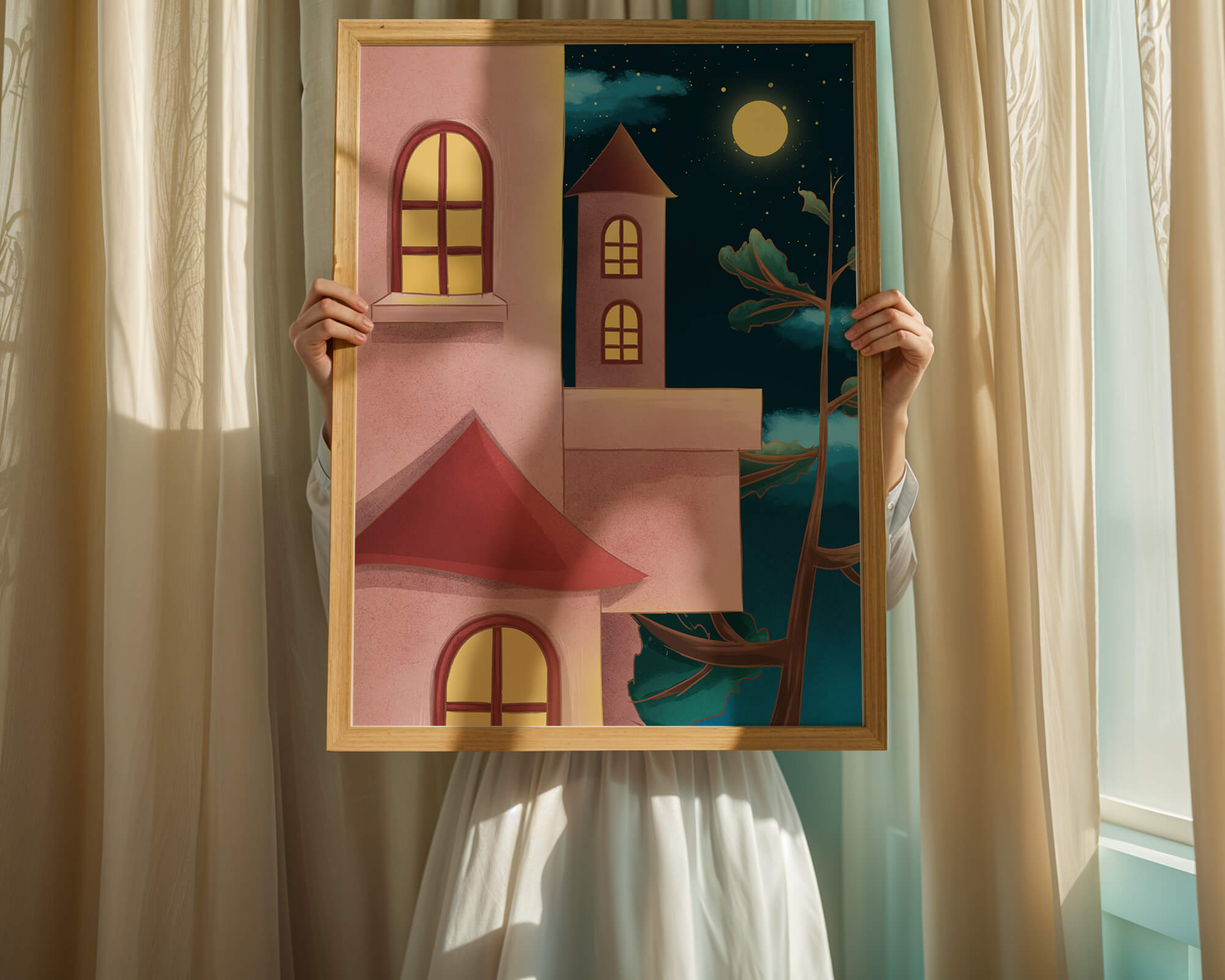 Castle with Arched Windows under Moonlit Sky