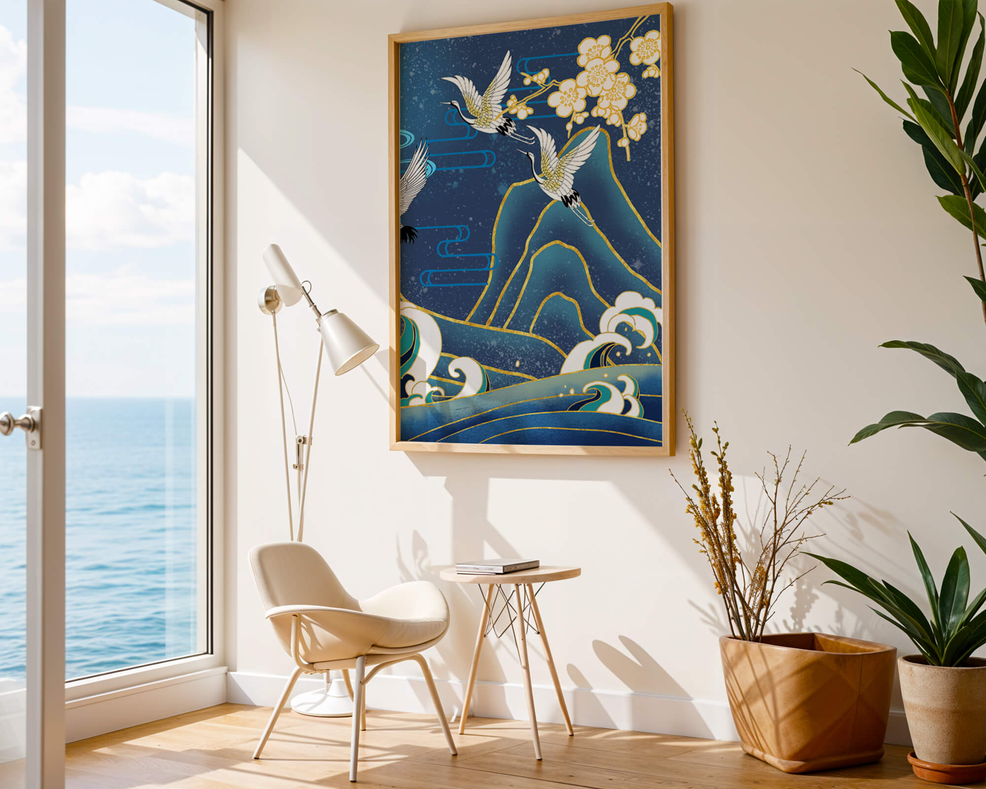 Elegant Cranes in Flight over Ocean Waves with Golden Accents and Blossoms
