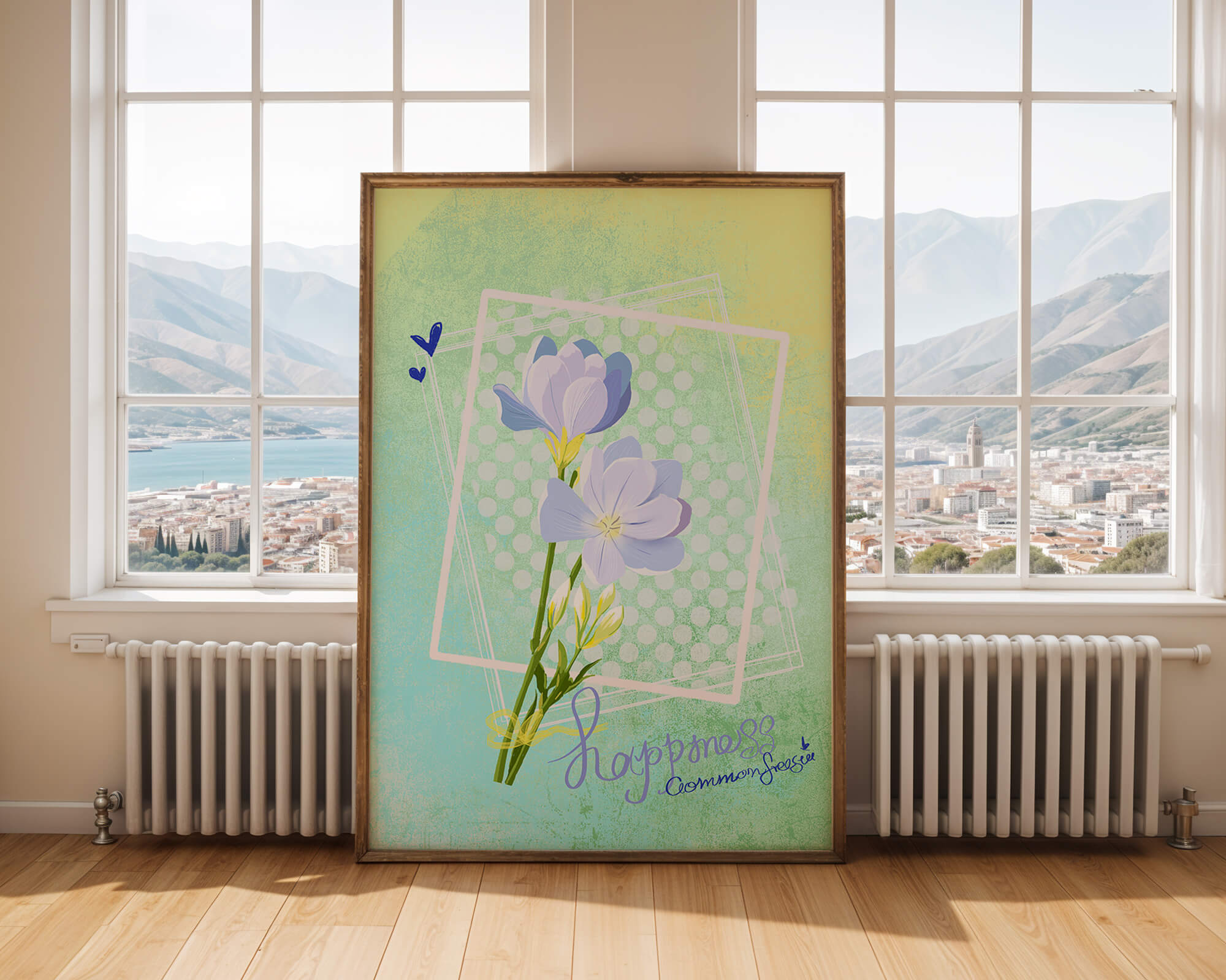 Ilustración floral delicada con colores pastel y lunares