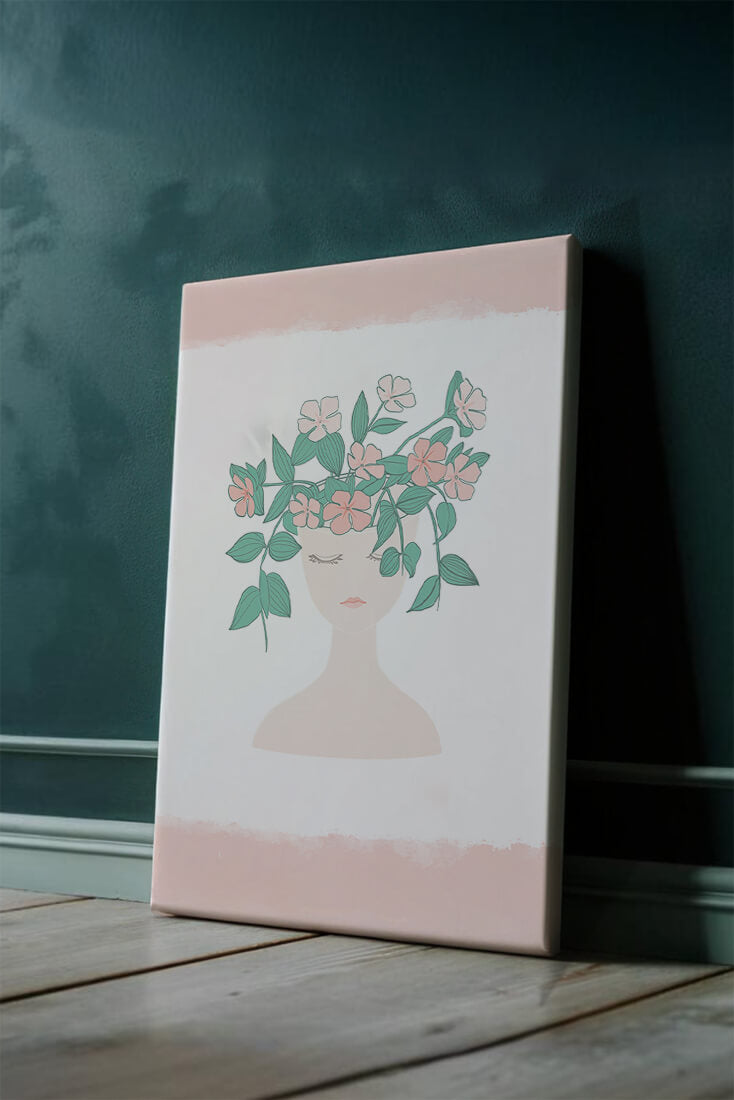 Illustration of a Minimalist Face with Floral Headpiece and Pink Background