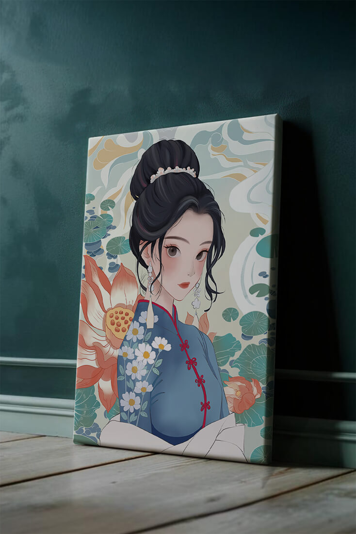 An Elegant Woman in Traditional Oriental Dress with Floral Patterns and Lotus Flowers