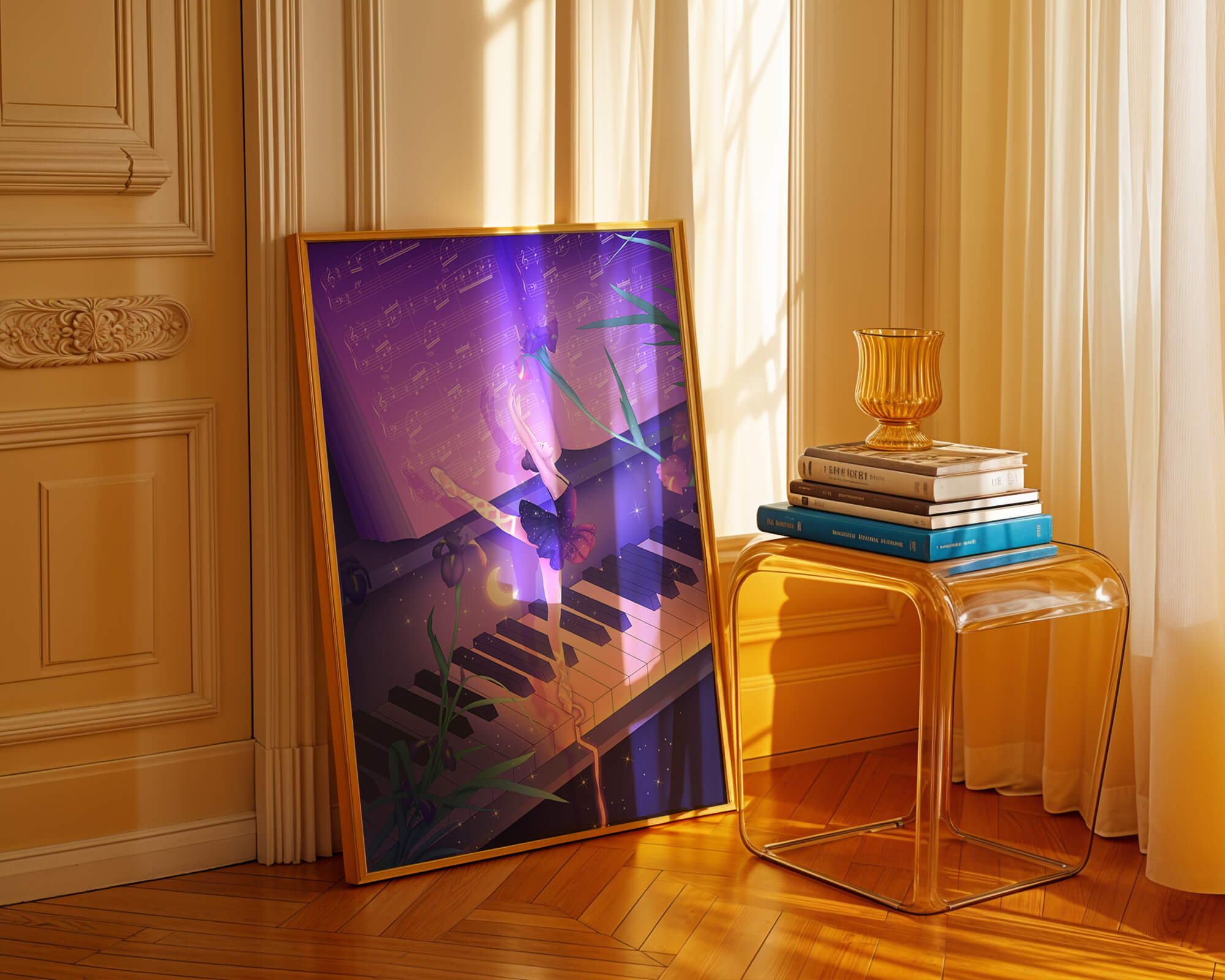 Graceful Ballerina Dancing on Piano Amidst Flowers and Musical Notes