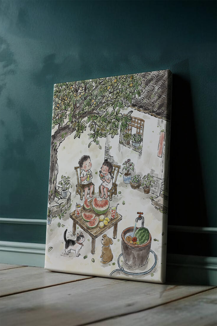 Cozy Summer Backyard Gathering with Watermelon and Pets