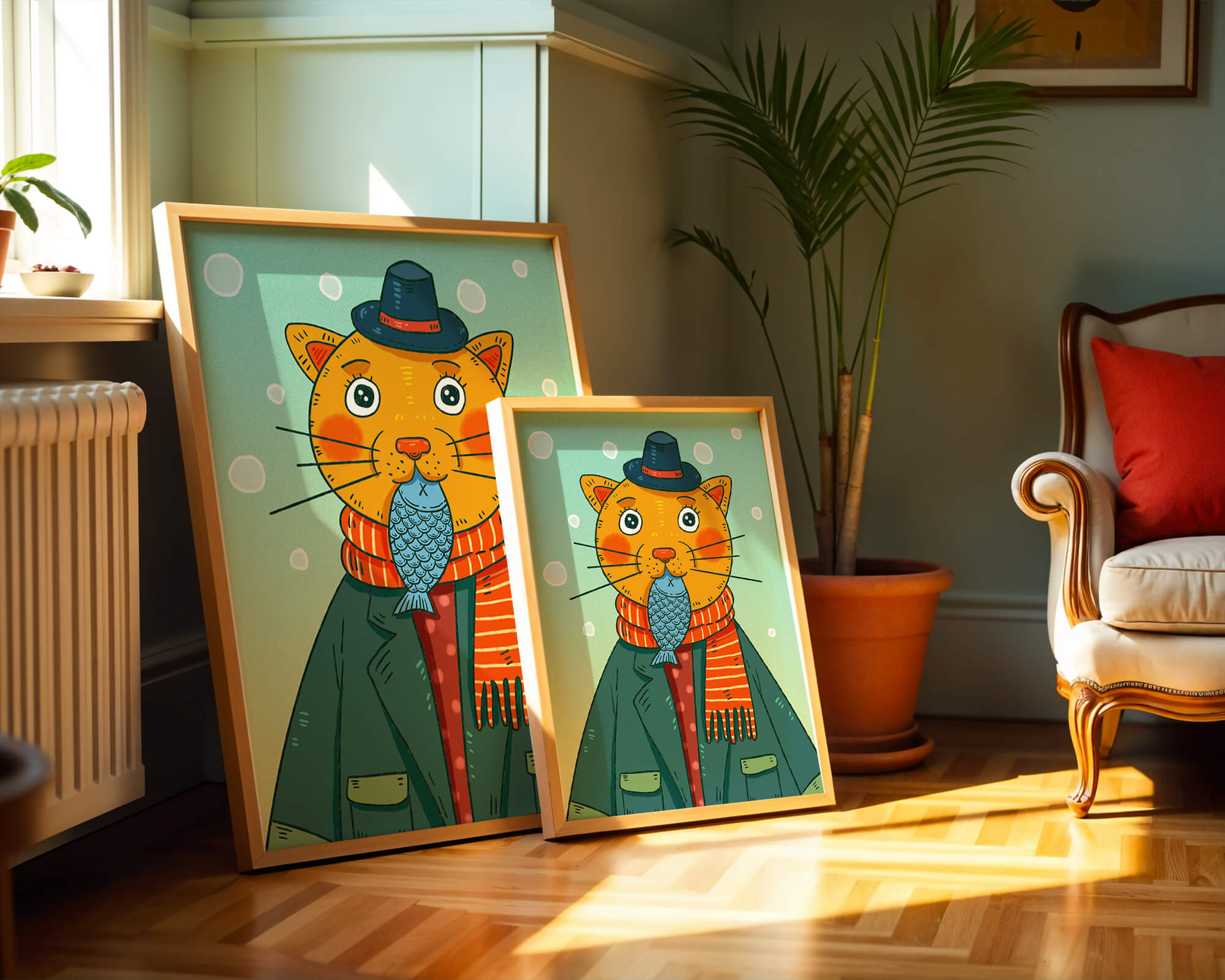 Whimsical cat dressed in colorful winter attire