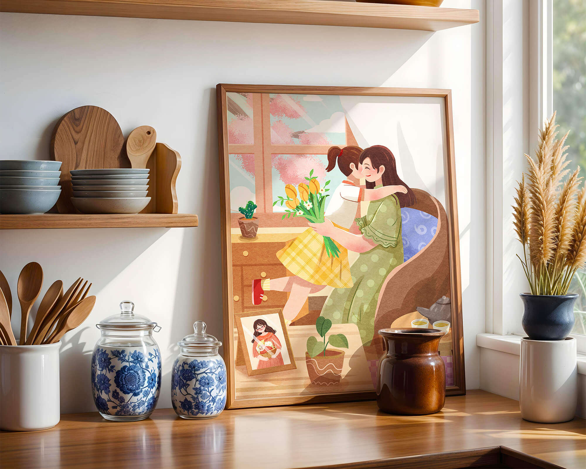 Cozy living room scene with mother and daughter hugging near window