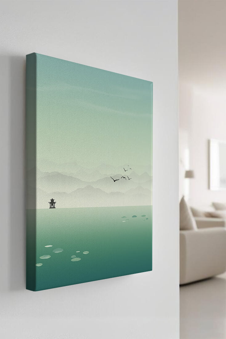 Serene landscape with pagoda and birds over a misty lake