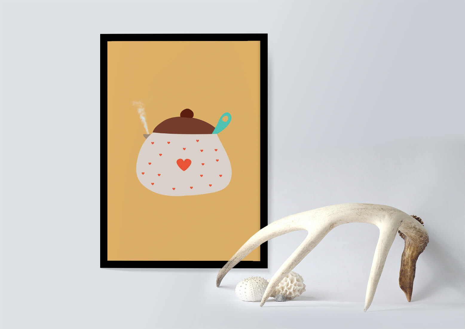 Ilustración de una olla de cocina adornada con corazones y vapor sobre un fondo amarillo