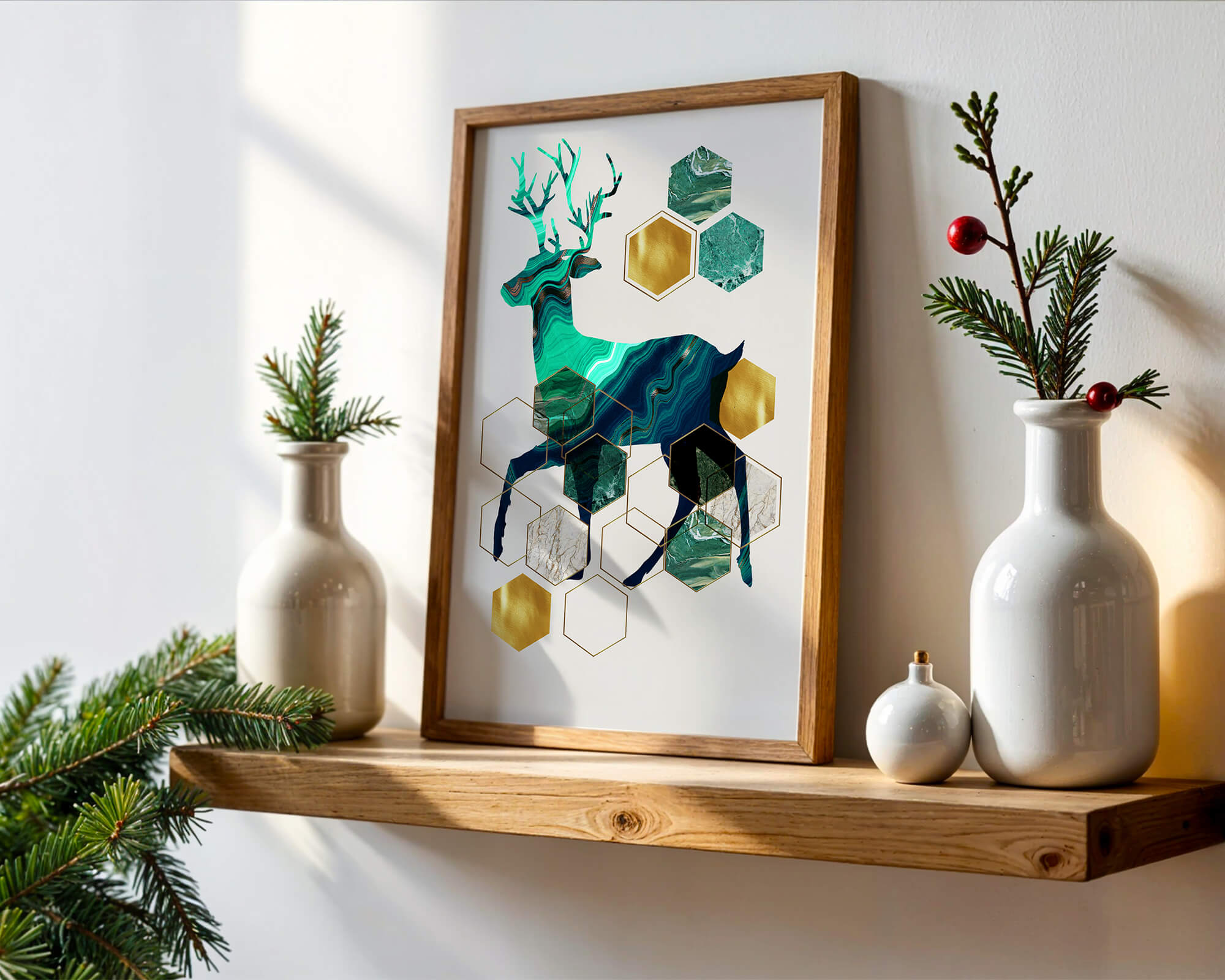 Geometric Deer Silhouette with Marble and Gold Accents