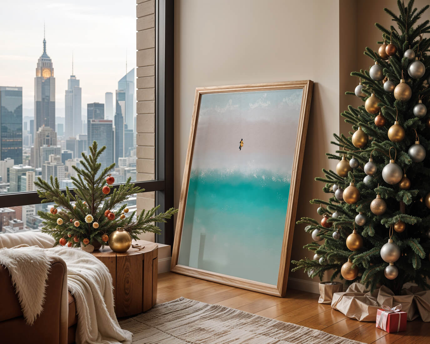 Serene beach with turquoise waves and solitary figure