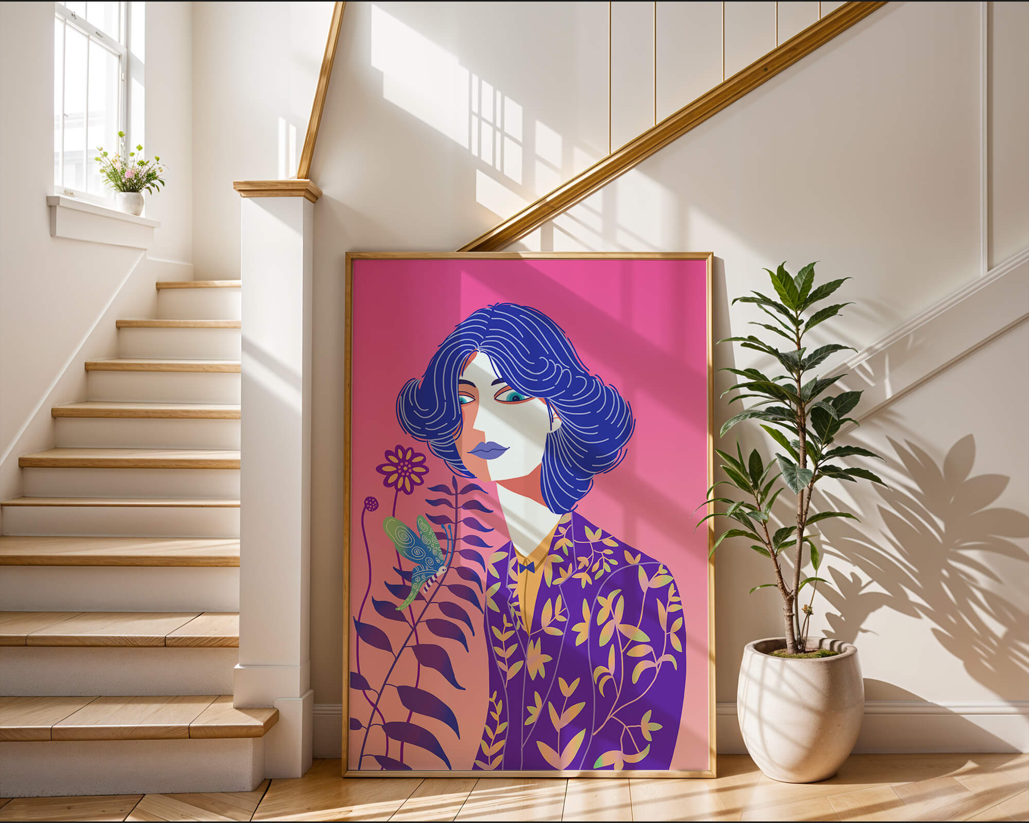 Stylized Portrait of a Woman with Blue Hair and Botanical Pattern