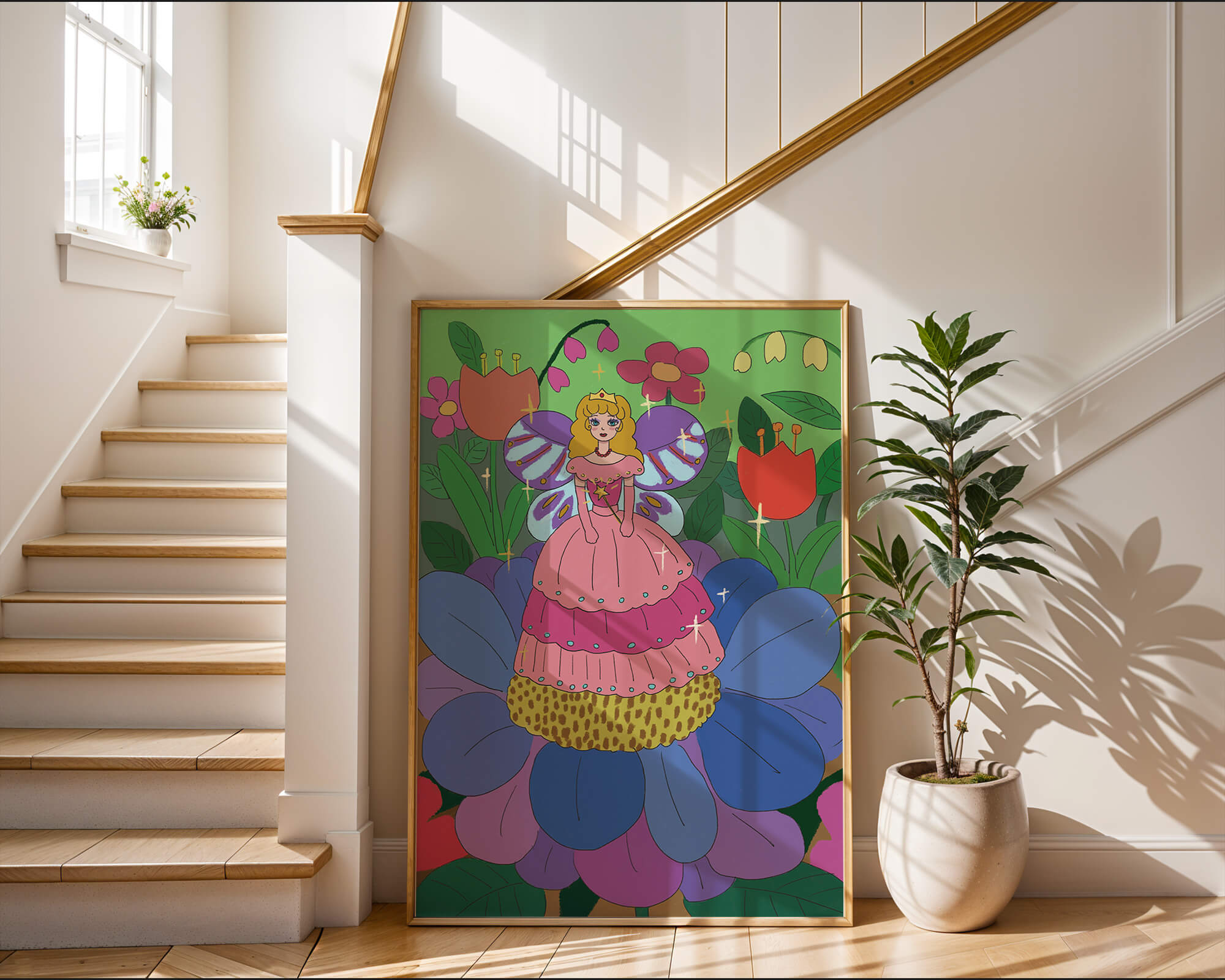 Fairy Princess in Enchanted Garden with Golden Elements