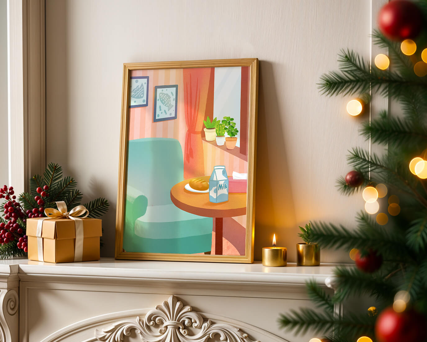 Cozy Living Room with Table and Milk Carton